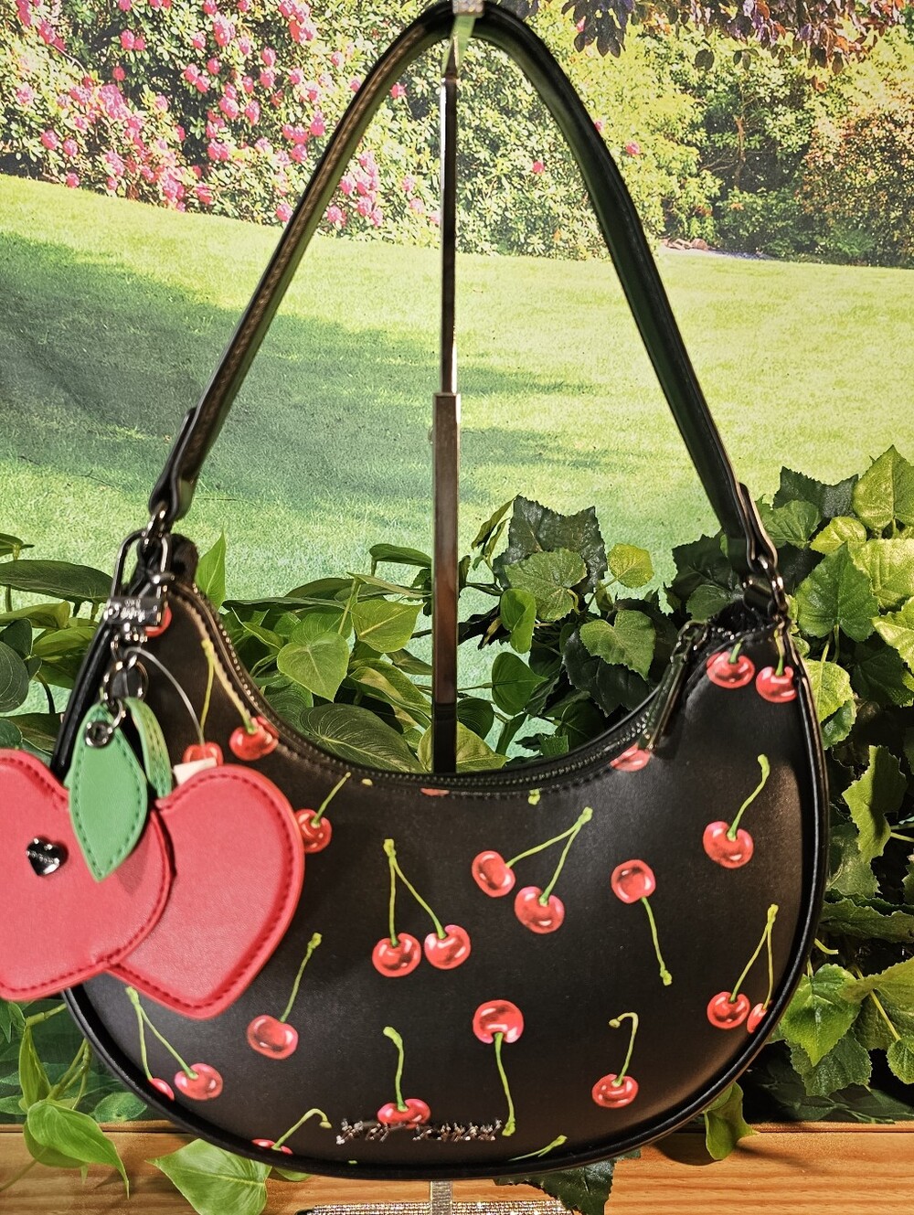 Betsey Johnson Black Cherry Print Crescent Shoulder Bag Heart Charm NWT